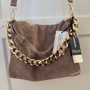 NWT Viola Castellani Suede Crossbody Gold Chain Taupe